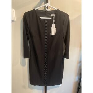 TRINA TURK Embellished Beaded Woven Sheath Dress Size 0 Black 3/4 Sleeve NEW